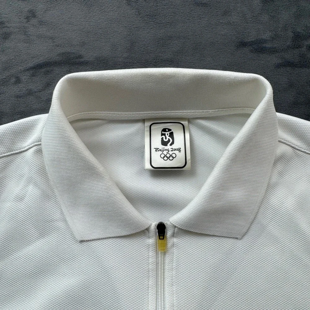 Adidas Beijing 2008 Olympic Games Polo Shirt Men Large White Quarter Zip Graphic